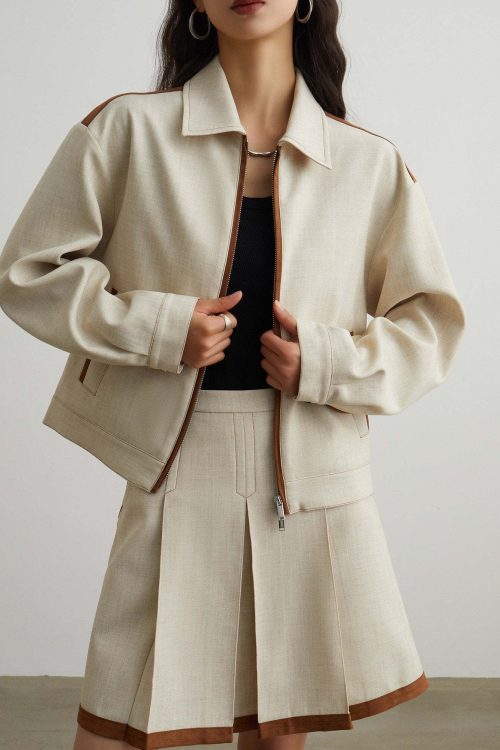 Color-Blocked Line Zip Jacket / Line Mini Skirt