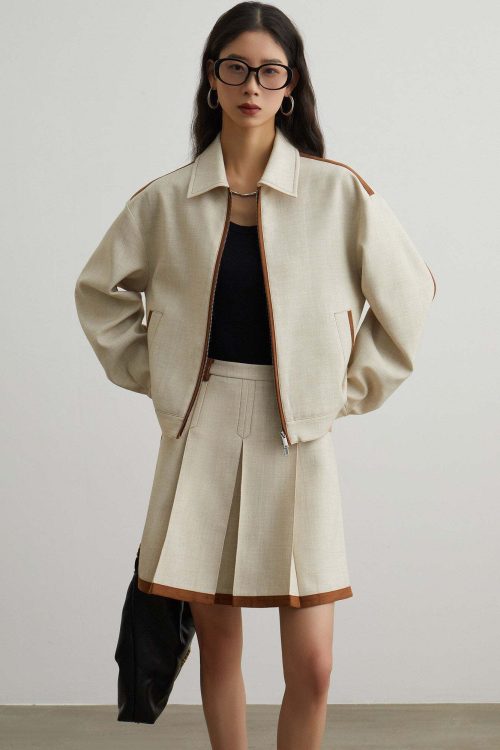 Color-Blocked Line Zip Jacket / Line Mini Skirt