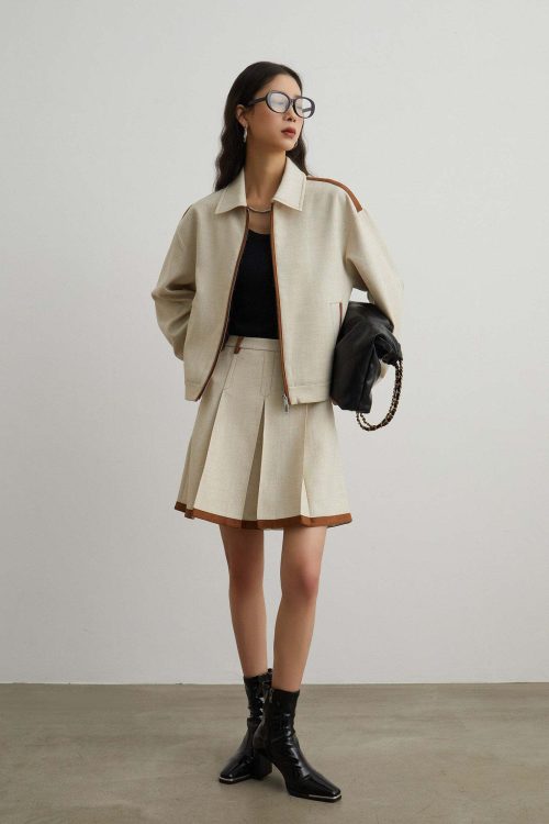 Color-Blocked Line Zip Jacket / Line Mini Skirt