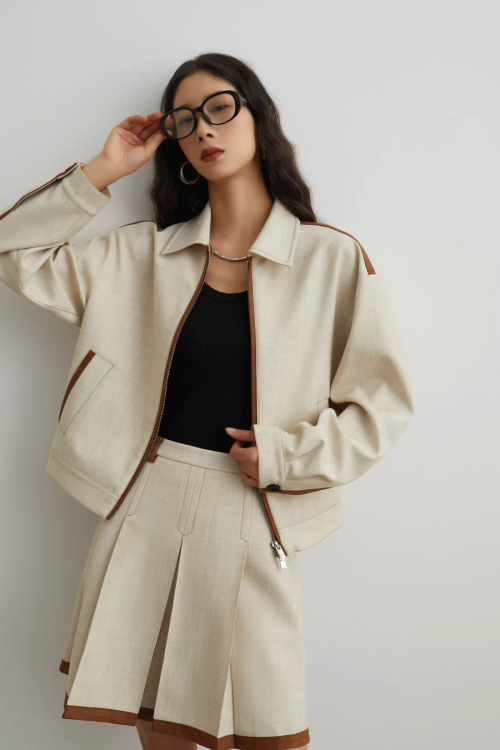 Color-Blocked Line Zip Jacket / Line Mini Skirt