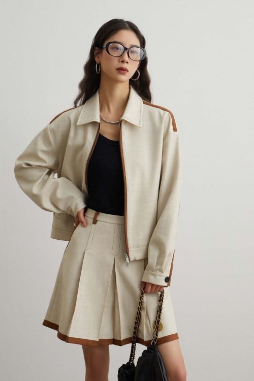 Color-Blocked Line Zip Jacket / Line Mini Skirt