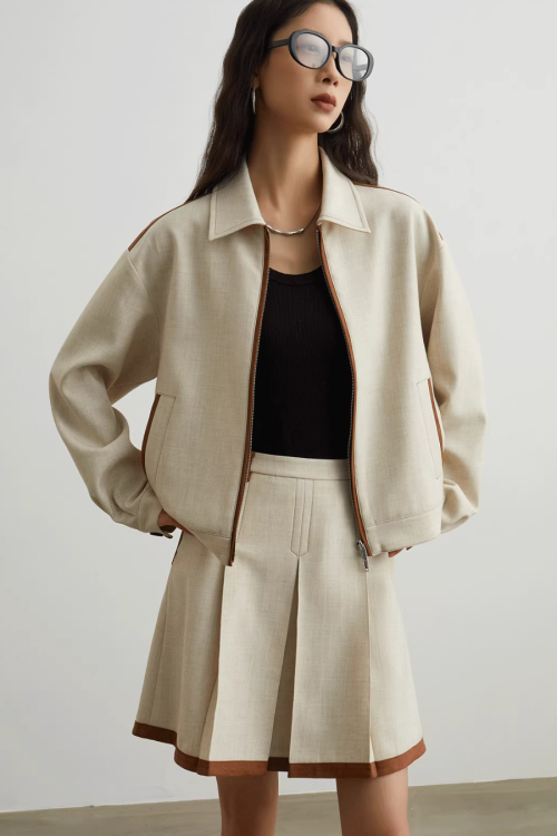Color-Blocked Line Zip Jacket / Line Mini Skirt