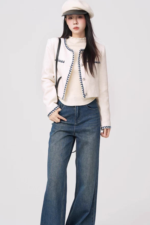 Color Contrast Stitch Tweed Jacket