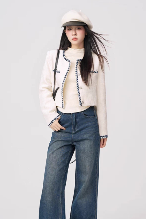Color Contrast Stitch Tweed Jacket