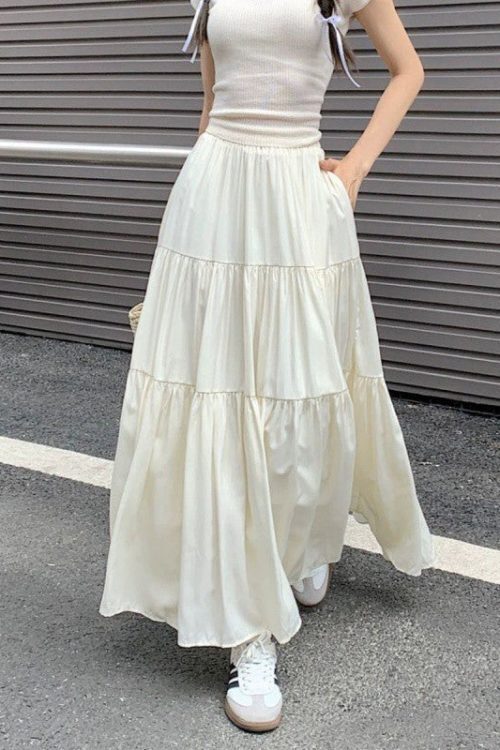 Coquette Solid Color Umbrella Maxi Skirt