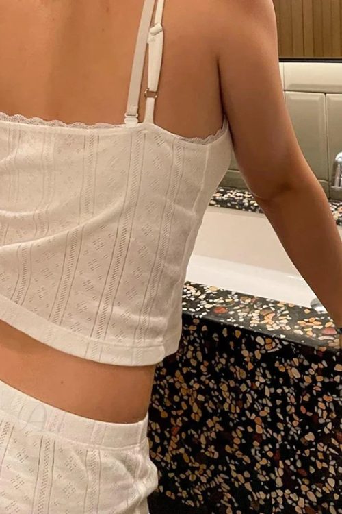 Cottage Y2K 90s Vintage 2 Piece Set Lace Trim Crop Top Camis + Shorts Comfy Loungewear Outfits Women Retro Fairycore Pajamas