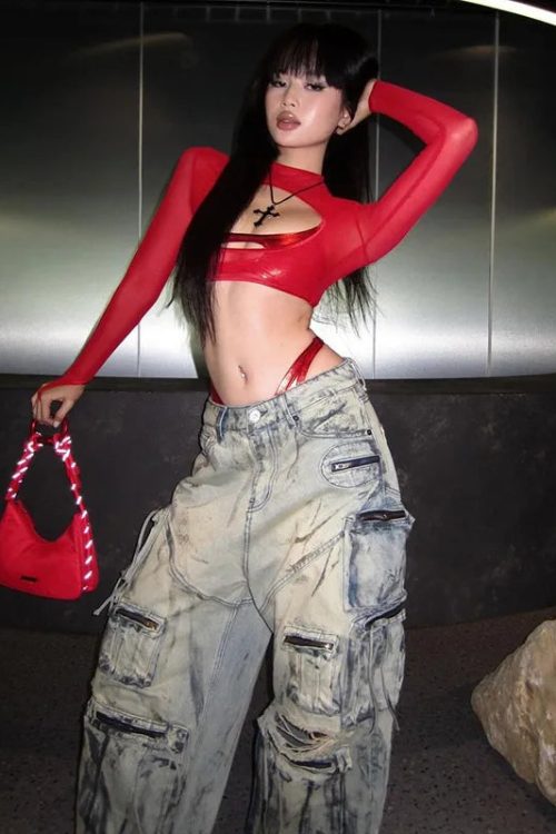 Cut-Out Sheer Mesh Crop Top