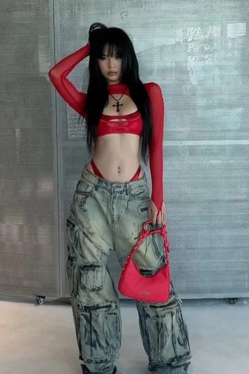 Cut-Out Sheer Mesh Crop Top