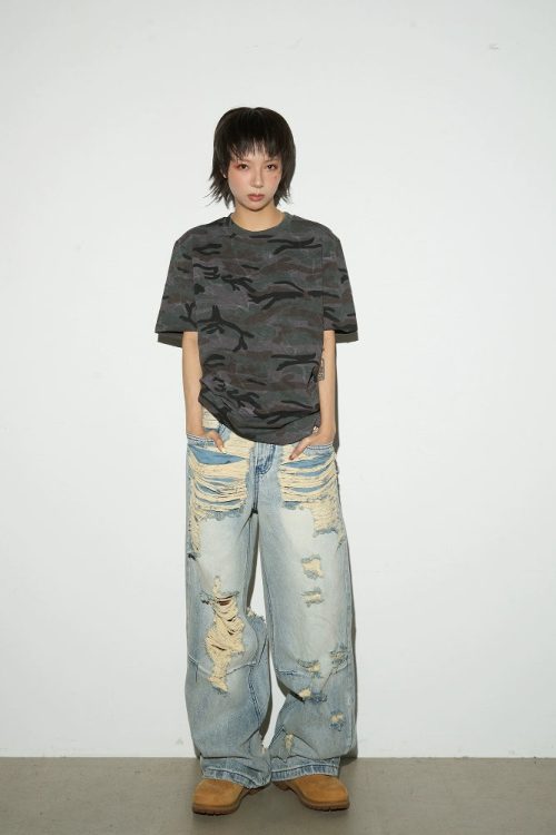 Damage Wide Leg Denim Pants