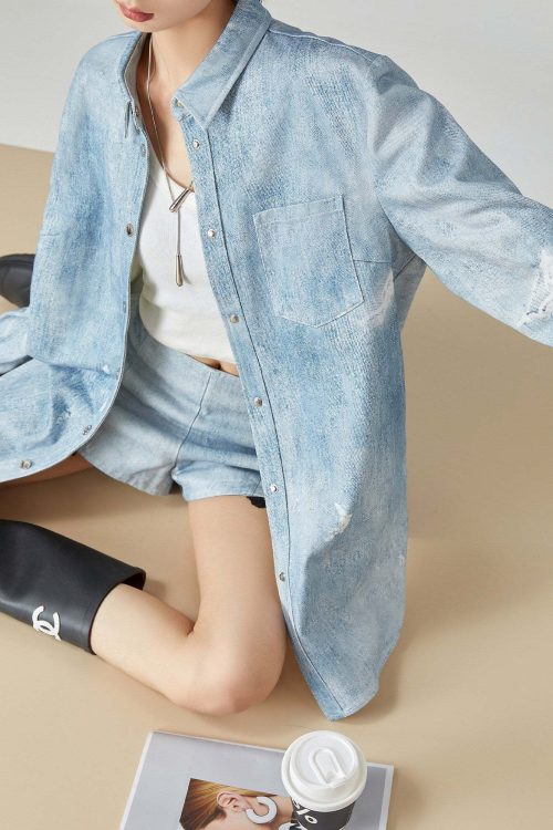 Denim Long-Sleeve Shirt / High-Waisted Shorts