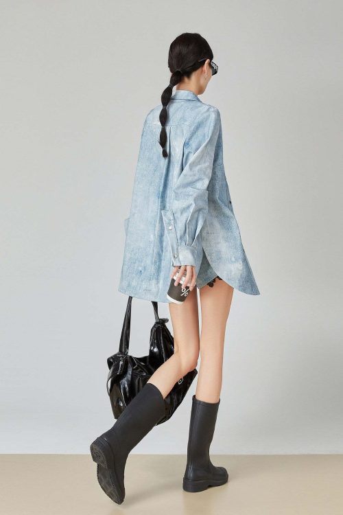 Denim Long-Sleeve Shirt / High-Waisted Shorts