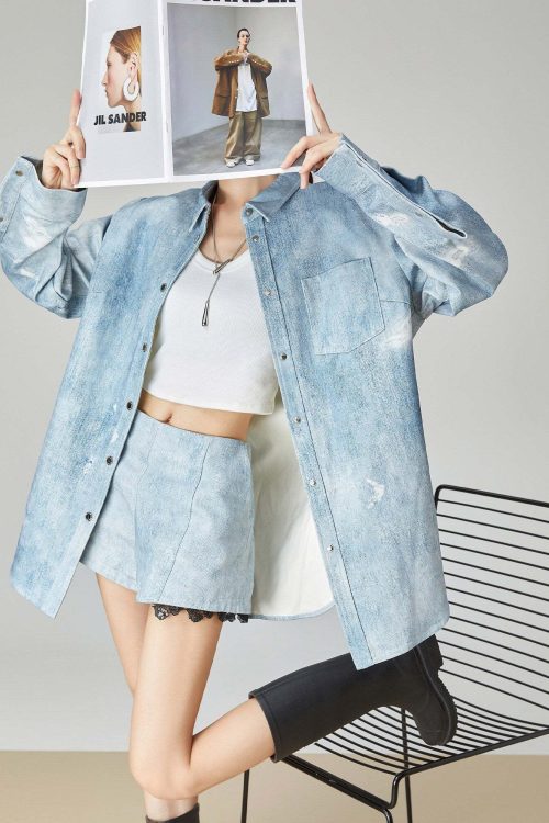 Denim Long-Sleeve Shirt / High-Waisted Shorts