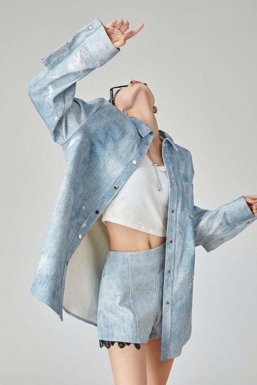 Denim Long-Sleeve Shirt / High-Waisted Shorts