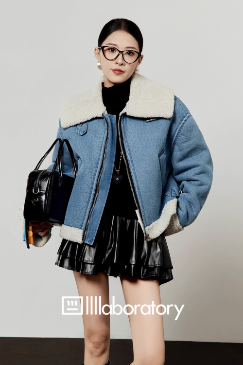 Denim Mouton Jacket / Leather Tiered Skirt