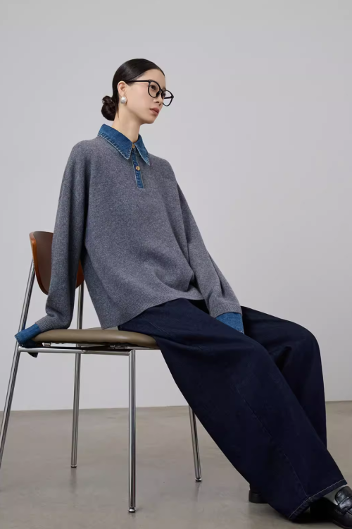 Denim Shirt Docking Knit Top