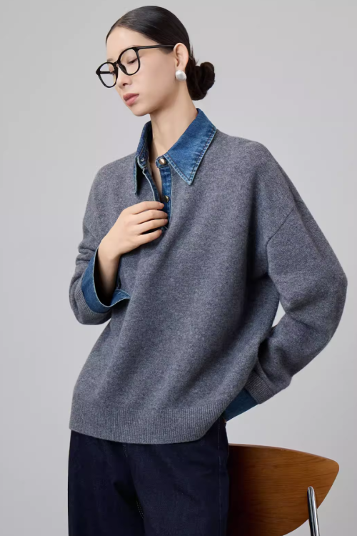 Denim Shirt Docking Knit Top