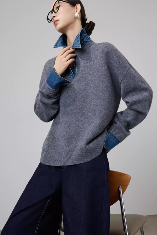 Denim Shirt Docking Knit Top