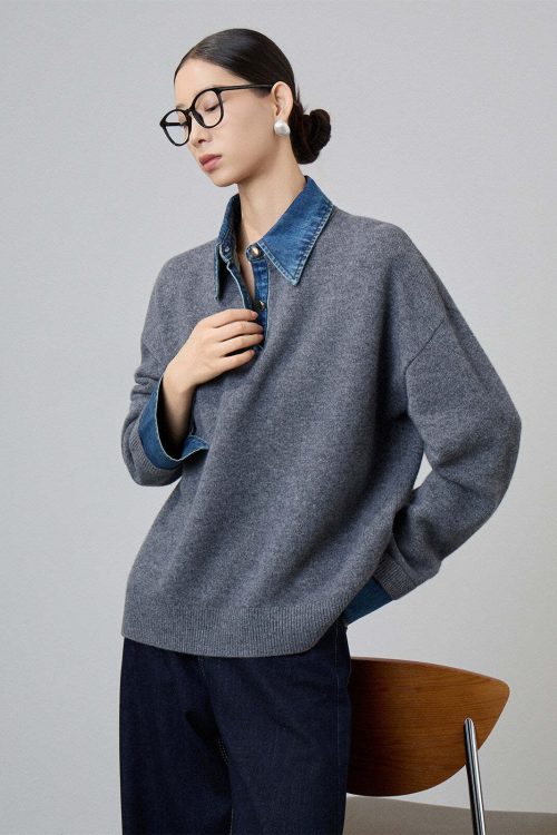 Denim Shirt Docking Knit Top