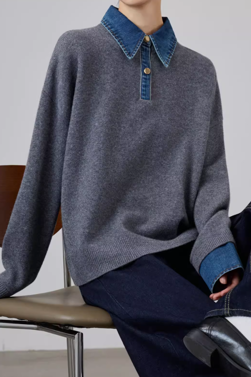 Denim Shirt Docking Knit Top