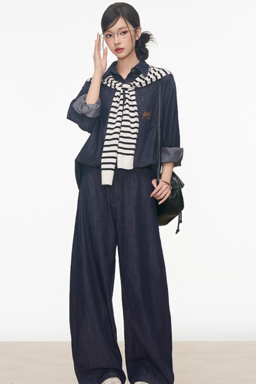 Denim Shirt / Wide Denim Pants / Shoulder-Carry Top
