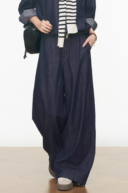 Denim Shirt / Wide Denim Pants / Shoulder-Carry Top