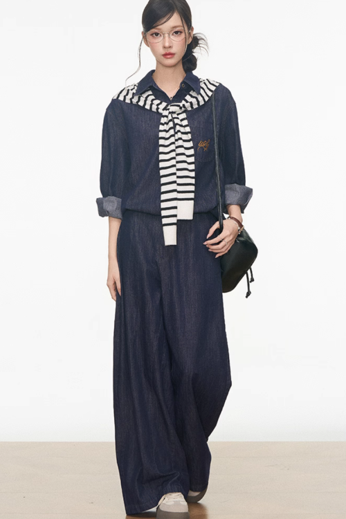 Denim Shirt / Wide Denim Pants / Shoulder-Carry Top