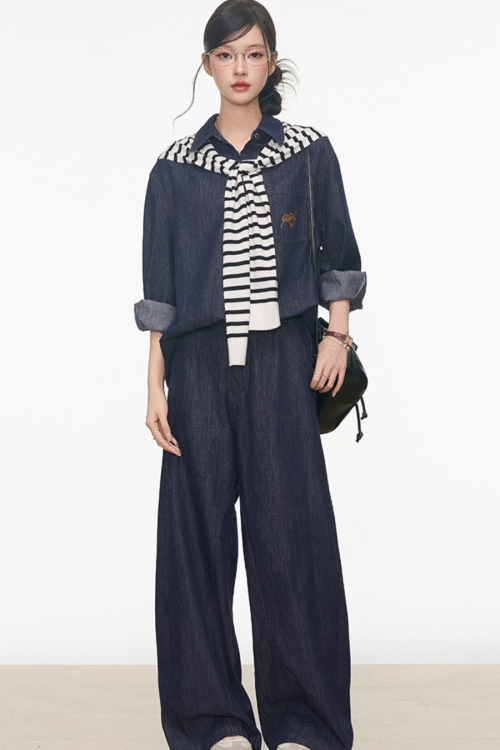 Denim Shirt / Wide Denim Pants / Shoulder-Carry Top