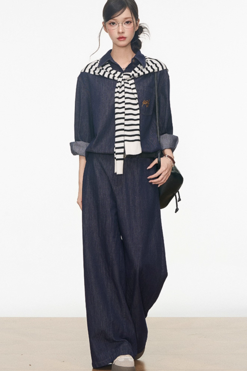 Denim Shirt / Wide Denim Pants / Shoulder-Carry Top