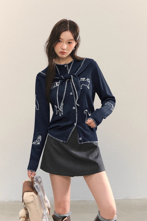 Dog Embroidery Round Neck Knit Cardigan