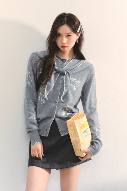 Dog Embroidery Round Neck Knit Cardigan