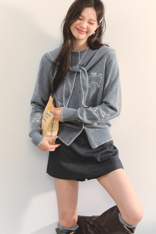 Dog Embroidery Round Neck Knit Cardigan