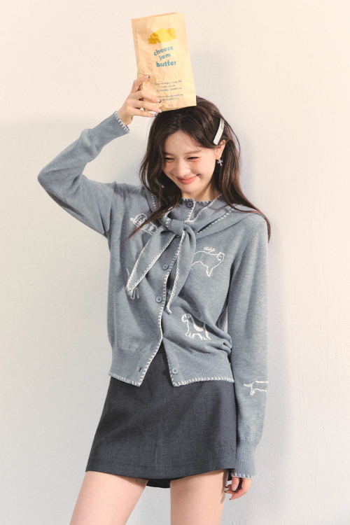 Dog Embroidery Round Neck Knit Cardigan