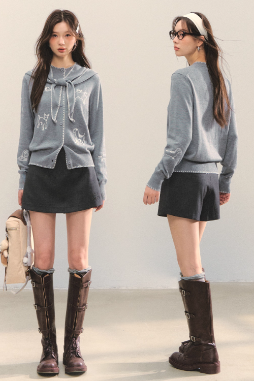 Dog Embroidery Round Neck Knit Cardigan