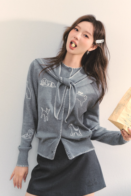 Dog Embroidery Round Neck Knit Cardigan