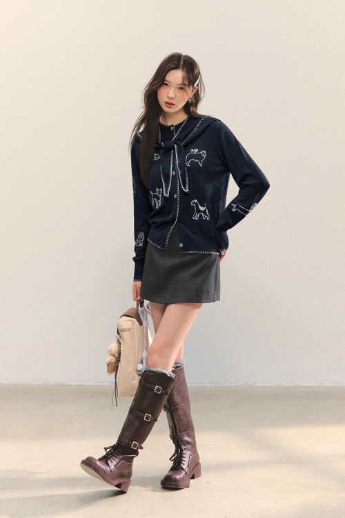 Dog Embroidery Round Neck Knit Cardigan