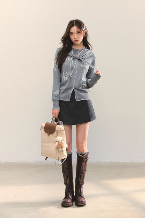 Dog Embroidery Round Neck Knit Cardigan