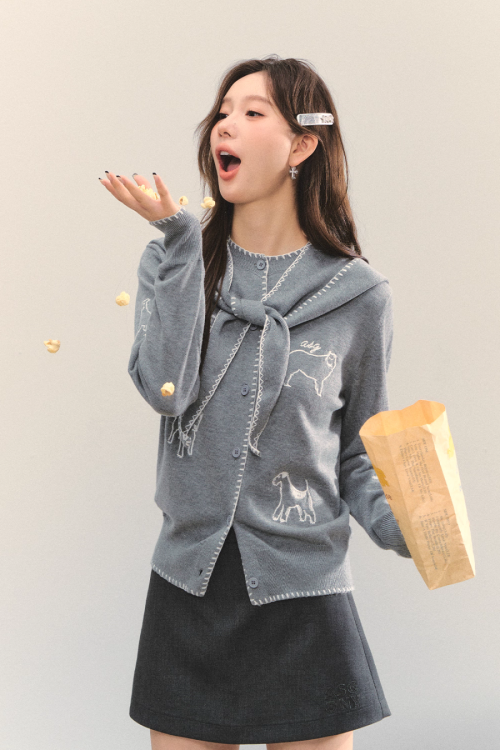 Dog Embroidery Round Neck Knit Cardigan
