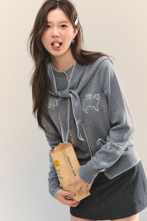 Dog Embroidery Round Neck Knit Cardigan