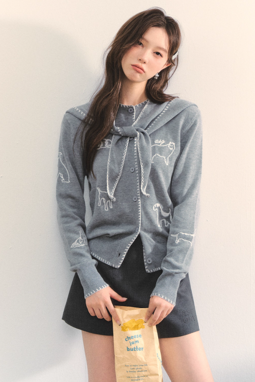 Dog Embroidery Round Neck Knit Cardigan