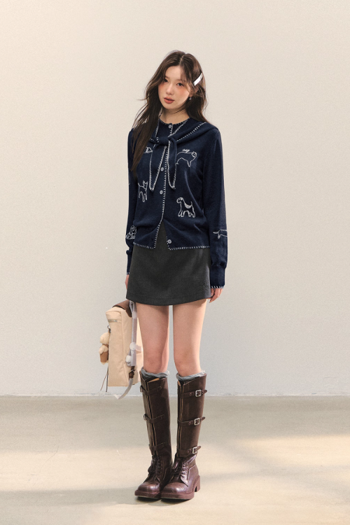 Dog Embroidery Round Neck Knit Cardigan