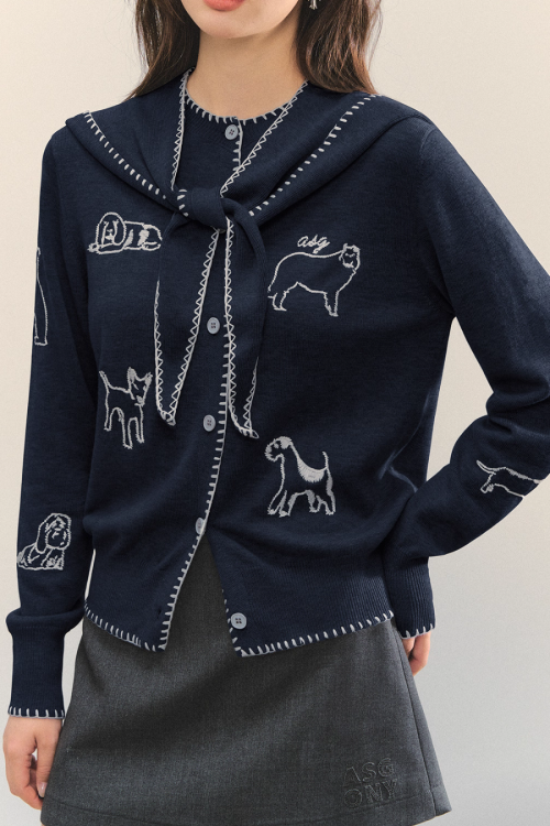 Dog Embroidery Round Neck Knit Cardigan
