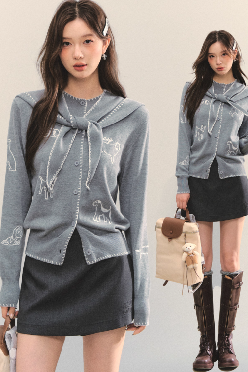 Dog Embroidery Round Neck Knit Cardigan