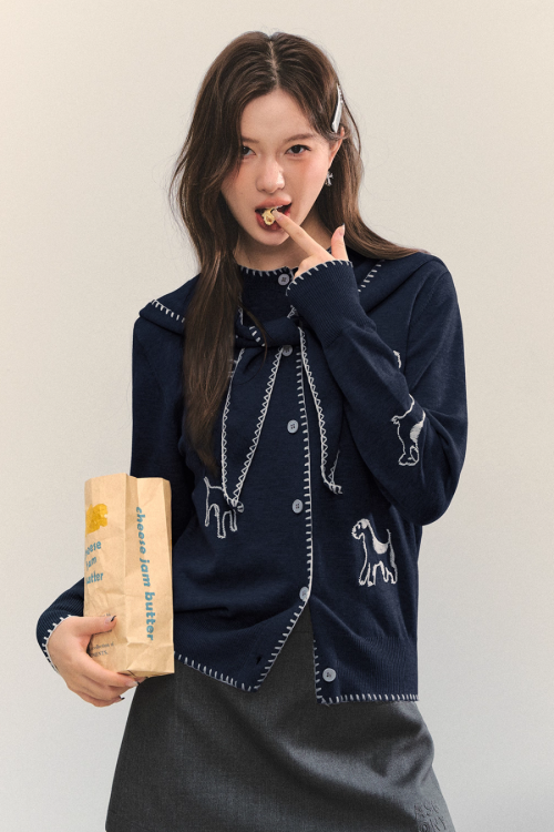 Dog Embroidery Round Neck Knit Cardigan