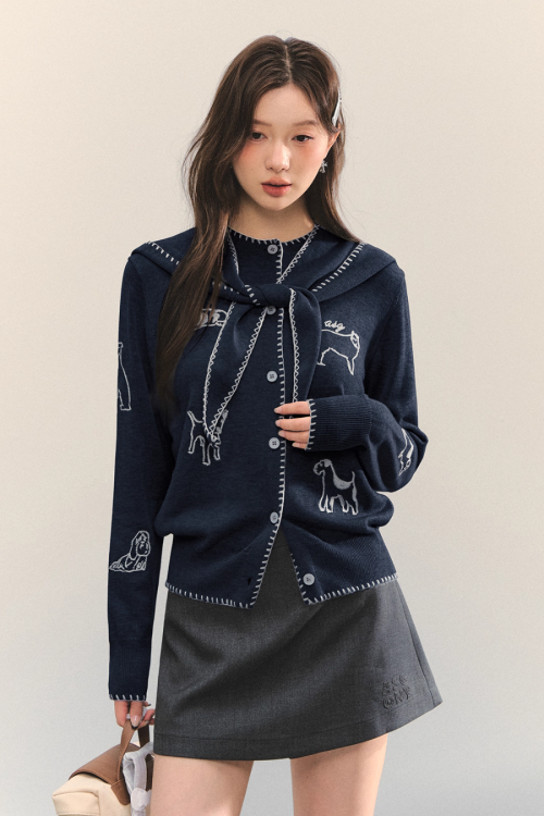 Dog Embroidery Round Neck Knit Cardigan