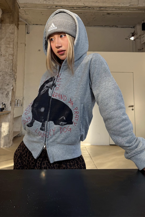Dog Print Double Zip Hoodie