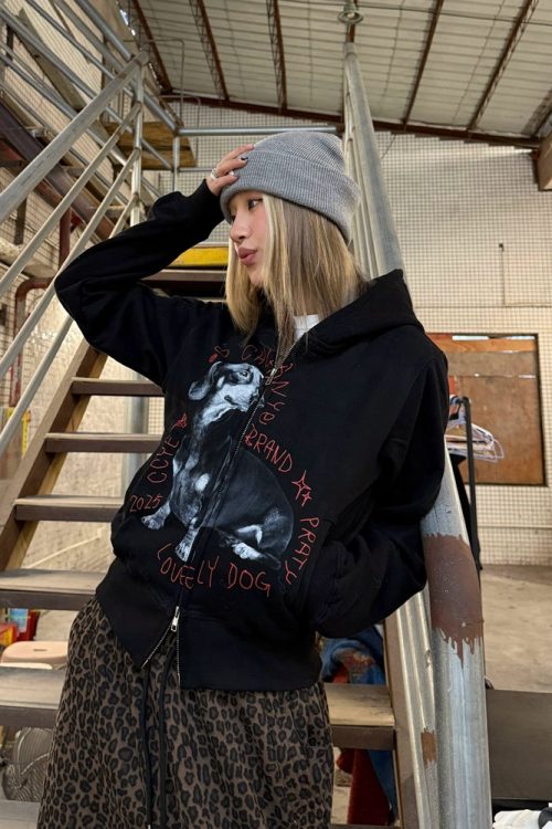 Dog Print Double Zip Hoodie