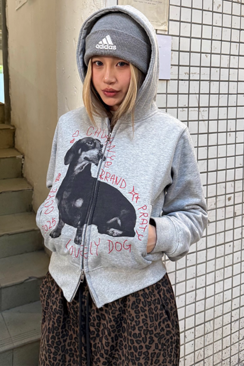 Dog Print Double Zip Hoodie