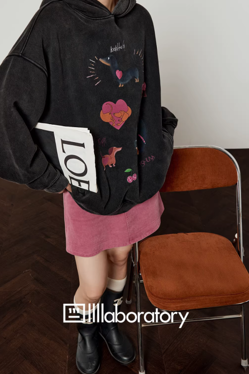 Dog Print Retro Hoodie / Pink Mini Skirt