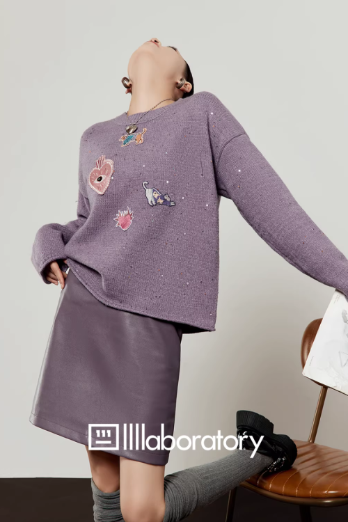 Embroidered Sequin Knit Top / Purple Mini Skirt