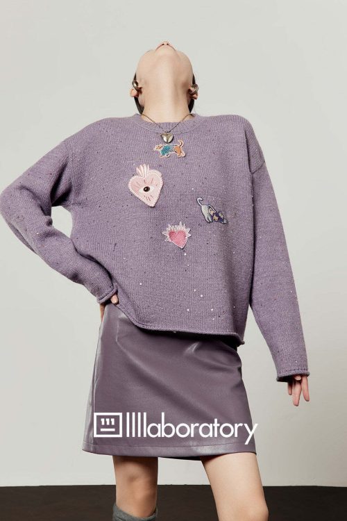 Embroidered Sequin Knit Top / Purple Mini Skirt